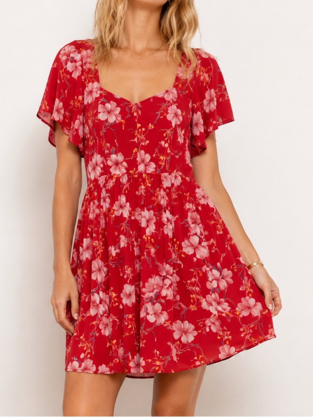 Band of Gypsies Red Floral Smocked Back Mini Dress Open Tie Back Boho Size Small